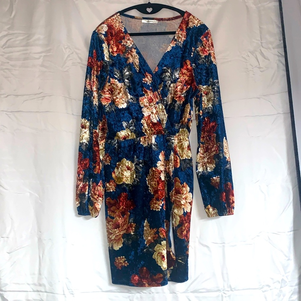 Crushed Velvet Floral Wrap Style Dress